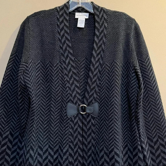Soft Surroundings Womans Herringbone Wool Blend Cardigan Sweater Black Gray Med - Picture 2 of 8